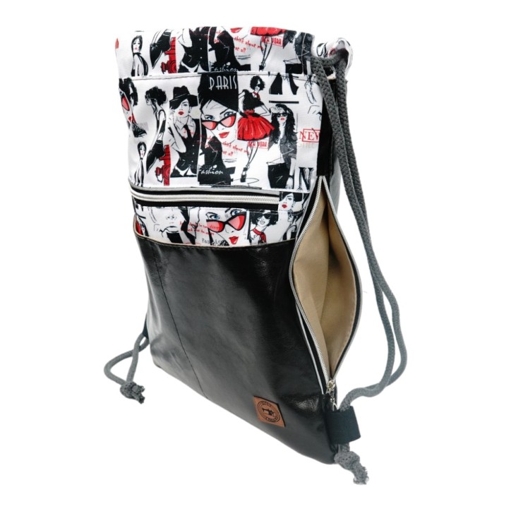 Worko-Plecak Czarny z Motywem Fashion – Handmade z Ukrytą Kieszenią na Zamek Worko-Plecak Czarny z Motywem Fashion – Handmade z Ukrytą Kieszenią na Zamek