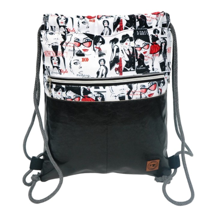 Worko-Plecak Czarny z Motywem Fashion – Handmade z Ukrytą Kieszenią na Zamek Worko-Plecak Czarny z Motywem Fashion – Handmade z Ukrytą Kieszenią na Zamek