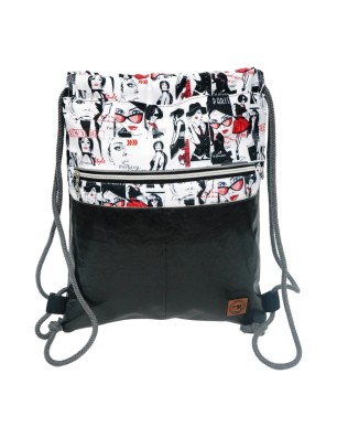 Stylowy worko-plecak handmade z czarnej ekoskóry i tkaniny w motyw fashion