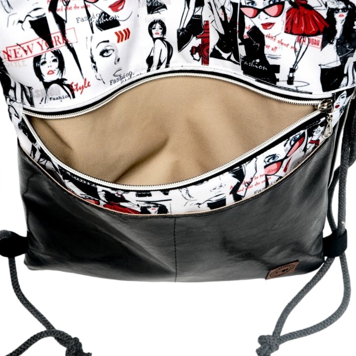 Worko-Plecak Czarny z Motywem Fashion – Handmade z Ukrytą Kieszenią na Zamek Worko-Plecak Czarny z Motywem Fashion – Handmade z Ukrytą Kieszenią na Zamek