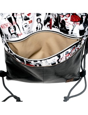 Szycie z pasją|Worko-Plecak Czarny z Motywem Fashion – Handmade z Ukrytą Kieszenią na Zamek|Worko-plecaki z ukrytą kieszonką|SZYCIE Z PASJĄ