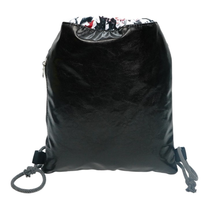 Worko-Plecak Czarny z Motywem Fashion – Handmade z Ukrytą Kieszenią na Zamek Worko-Plecak Czarny z Motywem Fashion – Handmade z Ukrytą Kieszenią na Zamek