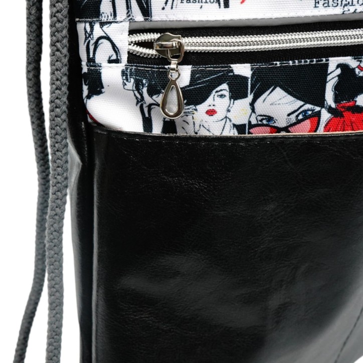Worko-Plecak Czarny z Motywem Fashion – Handmade z Ukrytą Kieszenią na Zamek Worko-Plecak Czarny z Motywem Fashion – Handmade z Ukrytą Kieszenią na Zamek