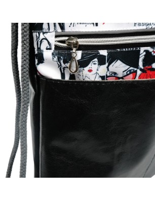 Szycie z pasją|Worko-Plecak Czarny z Motywem Fashion – Handmade z Ukrytą Kieszenią na Zamek|Worko-plecaki z ukrytą kieszonką|SZYCIE Z PASJĄ