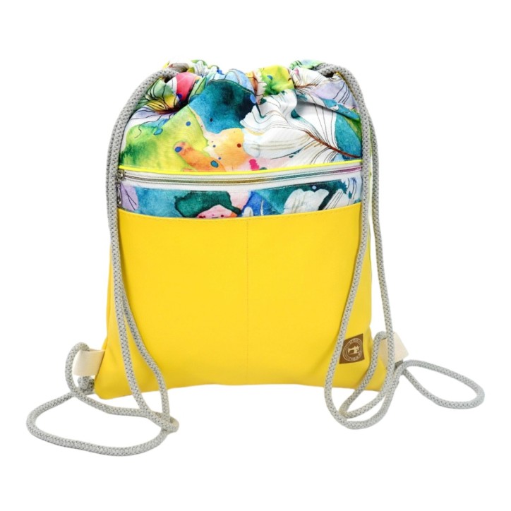 Worko-Plecak Żółty z Motywem Piórek – Handmade z Ukrytą Kieszenią na Zamek