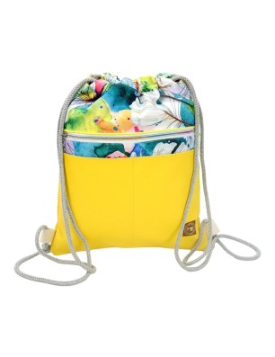 Worko-Plecak Żółty z Motywem Piórek – Handmade z Ukrytą Kieszenią na Zamek