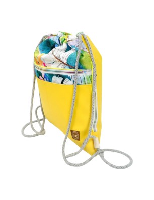 Worko-plecak handmade z żółtej ekoskóry i tkaniny w kolorowe piórka