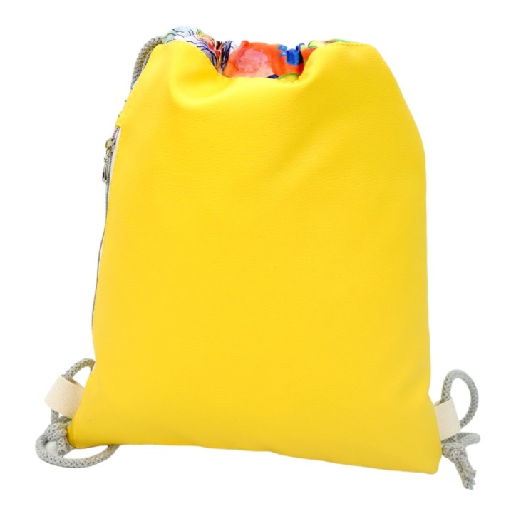 Worko-Plecak Żółty z Motywem Piórek – Handmade z Ukrytą Kieszenią na Zamek