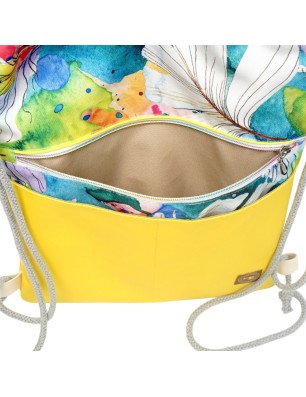 Szycie z pasją|Worko-Plecak Żółty z Motywem Piórek – Handmade z Ukrytą Kieszenią na Zamek|Worko-plecaki z ukrytą kieszonką|SZYCIE Z PASJĄ