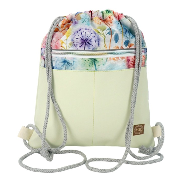 Worko-Plecak Jasnozielony z Motywem Dmuchawców – Handmade z Ukrytą Kieszenią na Zamek Worko-Plecak Jasnozielony z Motywem Dmuchawców – Handmade z Ukrytą Kieszenią na Zamek