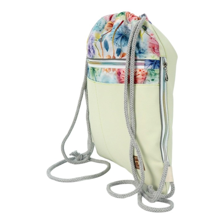 Worko-Plecak Jasnozielony z Motywem Dmuchawców – Handmade z Ukrytą Kieszenią na Zamek Worko-Plecak Jasnozielony z Motywem Dmuchawców – Handmade z Ukrytą Kieszenią na Zamek