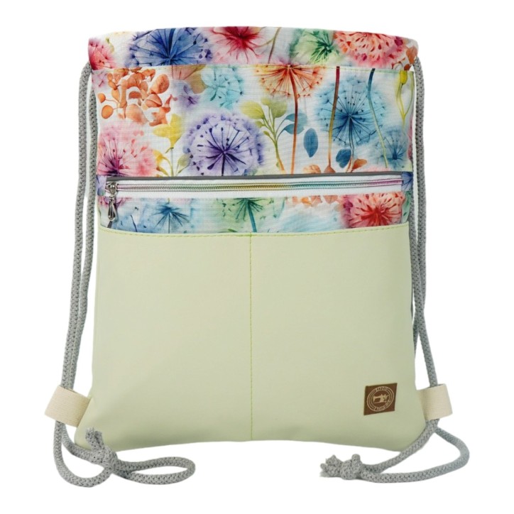 Worko-Plecak Jasnozielony z Motywem Dmuchawców – Handmade z Ukrytą Kieszenią na Zamek Worko-Plecak Jasnozielony z Motywem Dmuchawców – Handmade z Ukrytą Kieszenią na Zamek