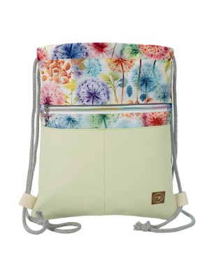 Pastelowy worko-plecak handmade z jasnozielonej ekoskóry i tkaniny w dmuchawce