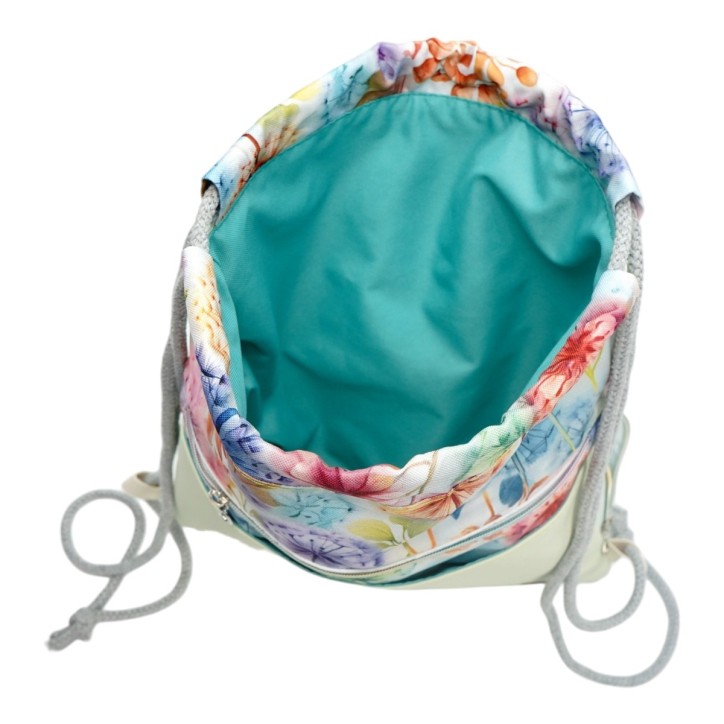 Worko-Plecak Jasnozielony z Motywem Dmuchawców – Handmade z Ukrytą Kieszenią na Zamek Worko-Plecak Jasnozielony z Motywem Dmuchawców – Handmade z Ukrytą Kieszenią na Zamek