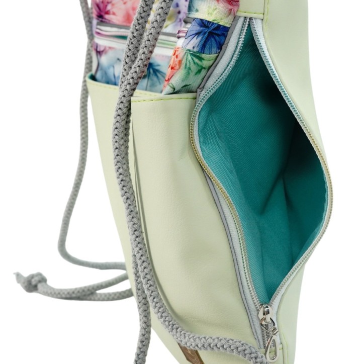 Worko-Plecak Jasnozielony z Motywem Dmuchawców – Handmade z Ukrytą Kieszenią na Zamek Worko-Plecak Jasnozielony z Motywem Dmuchawców – Handmade z Ukrytą Kieszenią na Zamek