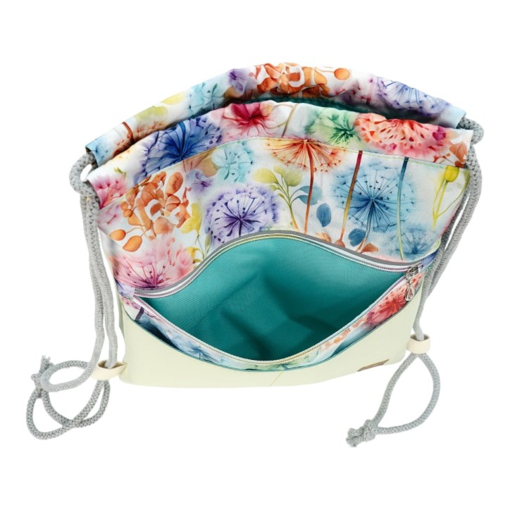 Worko-Plecak Jasnozielony z Motywem Dmuchawców – Handmade z Ukrytą Kieszenią na Zamek Worko-Plecak Jasnozielony z Motywem Dmuchawców – Handmade z Ukrytą Kieszenią na Zamek