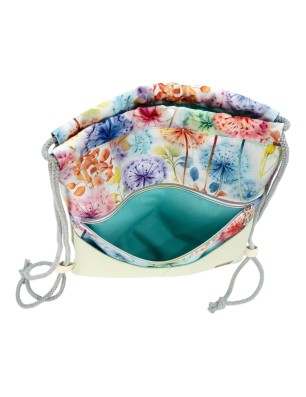 Szycie z pasją|Worko-Plecak Jasnozielony z Motywem Dmuchawców – Handmade z Ukrytą Kieszenią na Zamek|Worko-plecaki z ukrytą kieszonką|SZYCIE Z PASJĄ