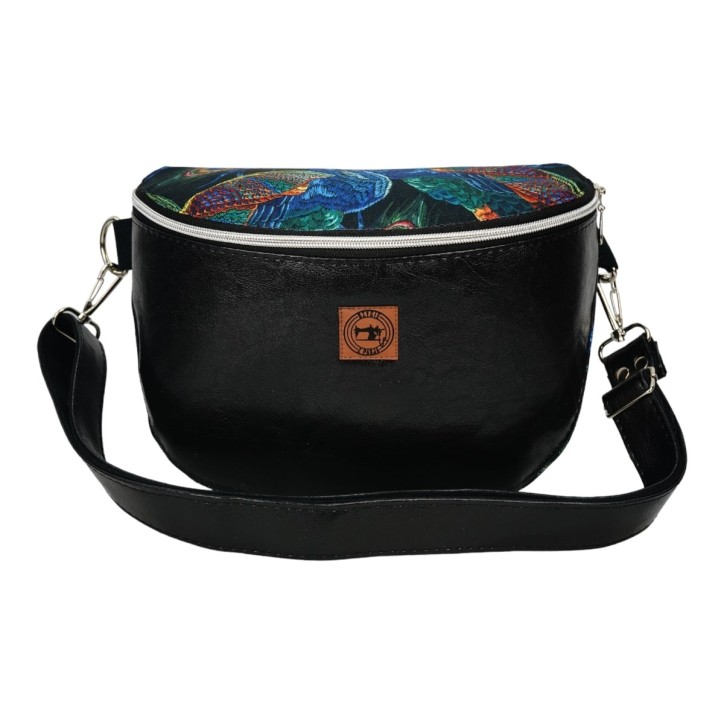 Torebka-Nerka Czarna Połysk z Motywem Pawich Piór – 3w1 Handmade