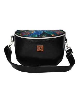 Torebka-Nerka Czarna Połysk z Motywem Pawich Piór – 3w1 Handmade