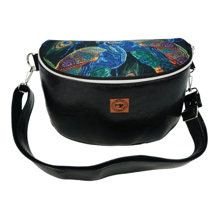 Torebka-Nerka Czarna Połysk z Motywem Pawich Piór – 3w1 Handmade