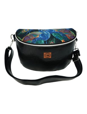 Czarna torebka-nerka handmade 3w1 z połyskiem i tkaniną w motyw pawich piór