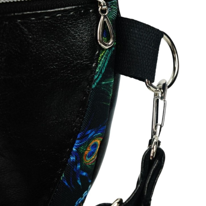 Torebka-Nerka Czarna Połysk z Motywem Pawich Piór – 3w1 Handmade