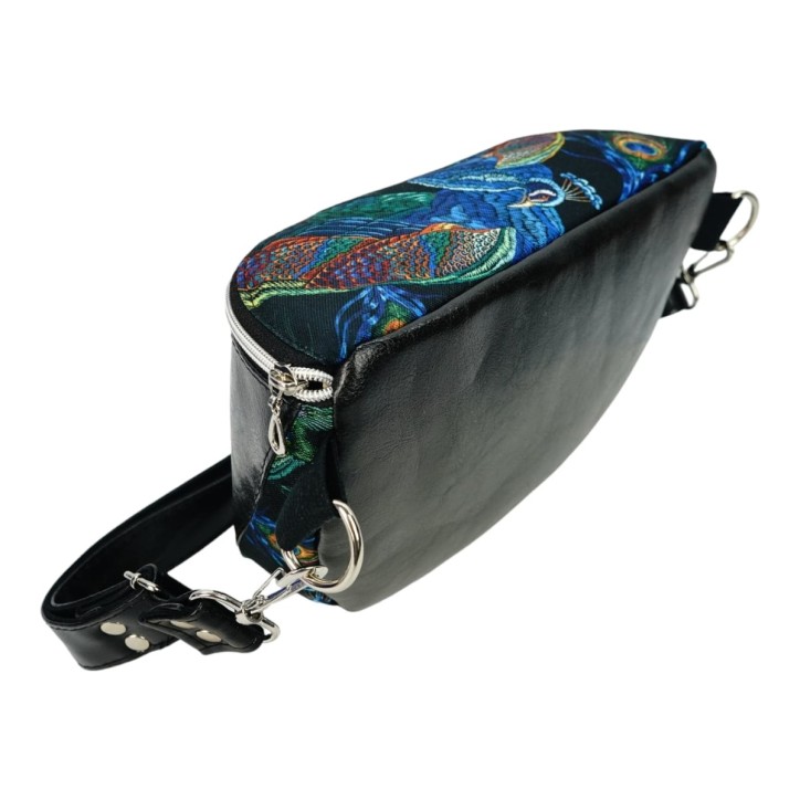 Torebka-Nerka Czarna Połysk z Motywem Pawich Piór – 3w1 Handmade