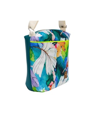 Szycie z pasją|Torebka Na Ramię z Motywem Piór i Turkusową Ekoskórą – Handmade|Torebki z Ekoskórą|SZYCIE Z PASJĄ