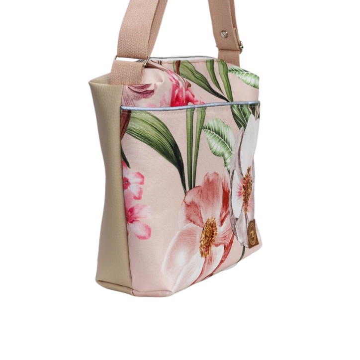 Torebka Na Ramię z Motywem Kwiatów i Beżową Ekoskórą – Handmade