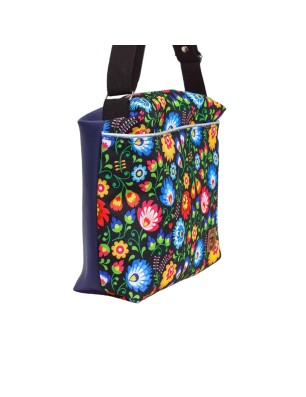 Torebka Na Ramię z Motywem Łowickim i Granatową Ekoskórą – Handmade