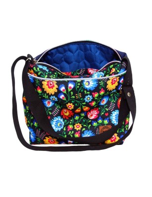 Torebka handmade z motywem łowickim i granatową ekoskórą