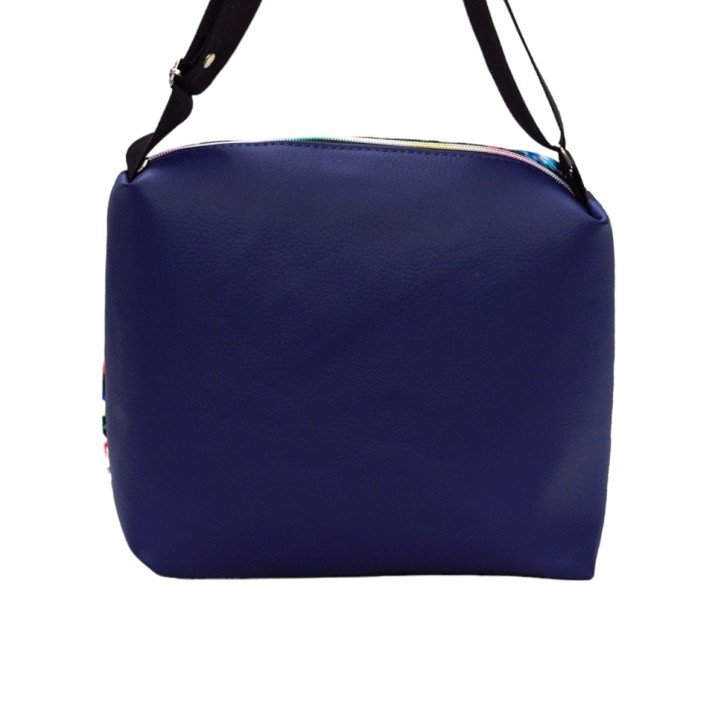 Torebka Na Ramię z Motywem Ludowych Kwiatów i Granatową Ekoskórą – Handmade