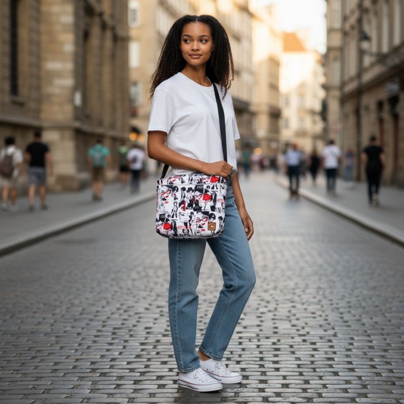 Torebka Na Ramię z Motywem Fashion i Czarną Ekoskórą