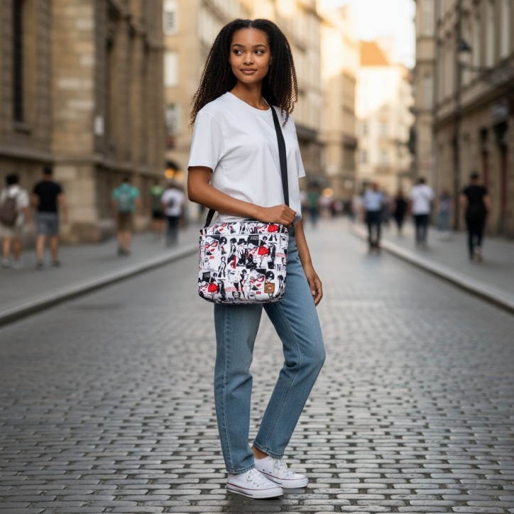 Torebka Na Ramię z Motywem Fashion i Czarną Ekoskórą – Handmade Torebka Na Ramię z Motywem Fashion i Czarną Ekoskórą – Handmade