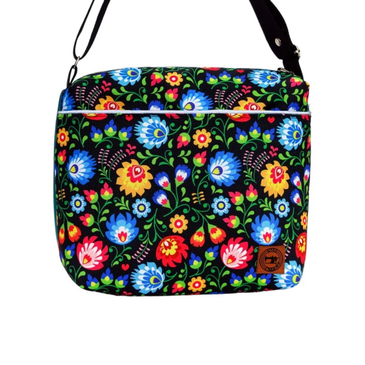 Torebka Na Ramię z Motywem Ludowych Kwiatów i Turkusową Ekoskórą – Handmade