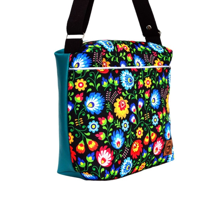 Torebka Na Ramię z Motywem Ludowych Kwiatów i Turkusową Ekoskórą – Handmade