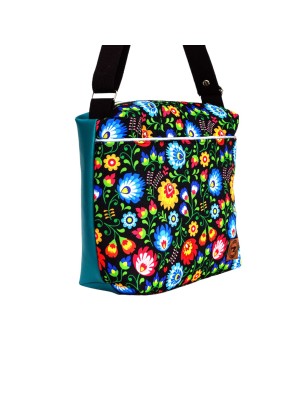 Torebka Na Ramię z Motywem Ludowych Kwiatów i Turkusową Ekoskórą – Handmade