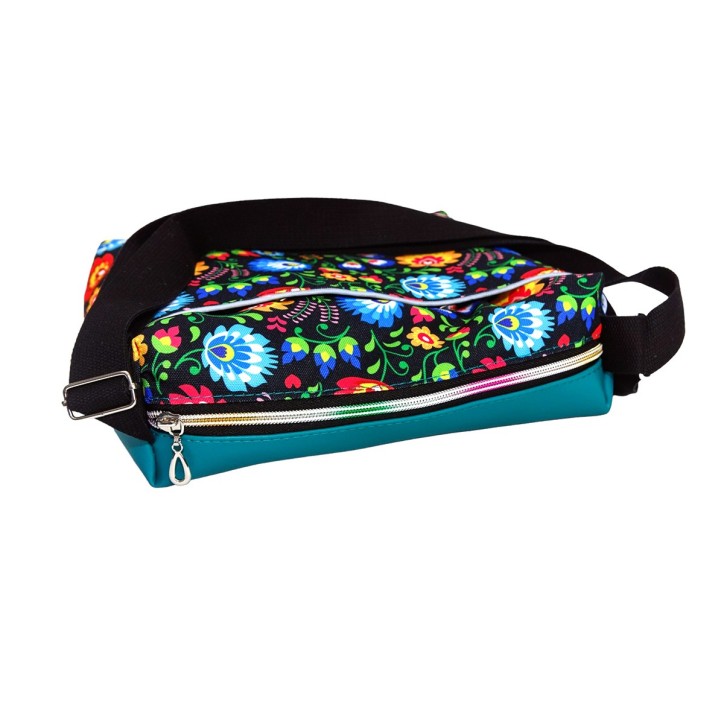 Torebka Na Ramię z Motywem Ludowych Kwiatów i Turkusową Ekoskórą – Handmade