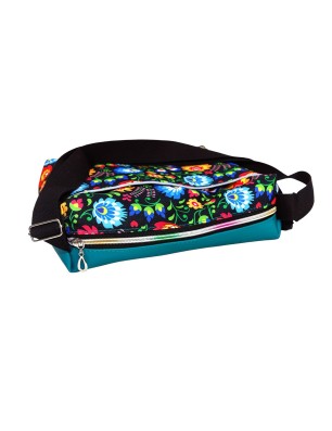 Torebka handmade z motywem ludowych kwiatów i turkusową ekoskórą