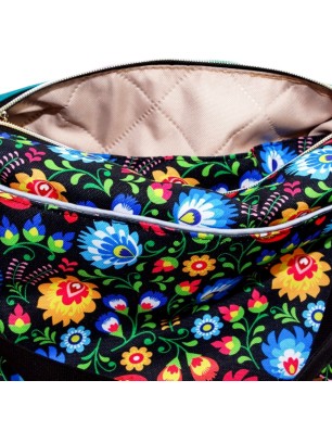 Szycie z pasją|Torebka Na Ramię z Motywem Ludowych Kwiatów i Turkusową Ekoskórą – Handmade|Torebki z Ekoskórą|SZYCIE Z PASJĄ