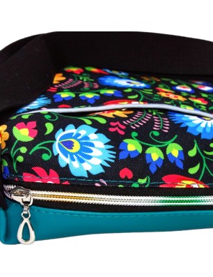 Szycie z pasją|Torebka Na Ramię z Motywem Ludowych Kwiatów i Turkusową Ekoskórą – Handmade|Torebki z Ekoskórą|SZYCIE Z PASJĄ