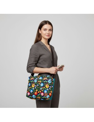 Torebka Na Ramię z Motywem Ludowych Kwiatów i Turkusową Ekoskórą