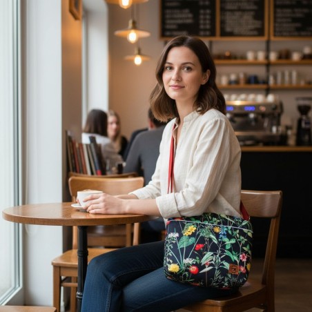 Torebka Na Ramię z Motywem Dzikich Kwiatów i Czerwoną Ekoskórą – Handmade