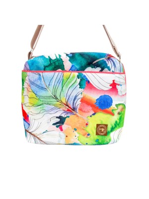 Torebka Na Ramię z Motywem Piórek i Różową Ekoskórą – Handmade