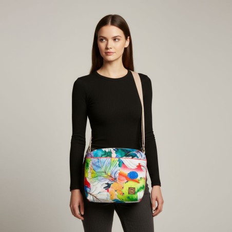 Torebka Na Ramię z Motywem Piórek i Różową Ekoskórą