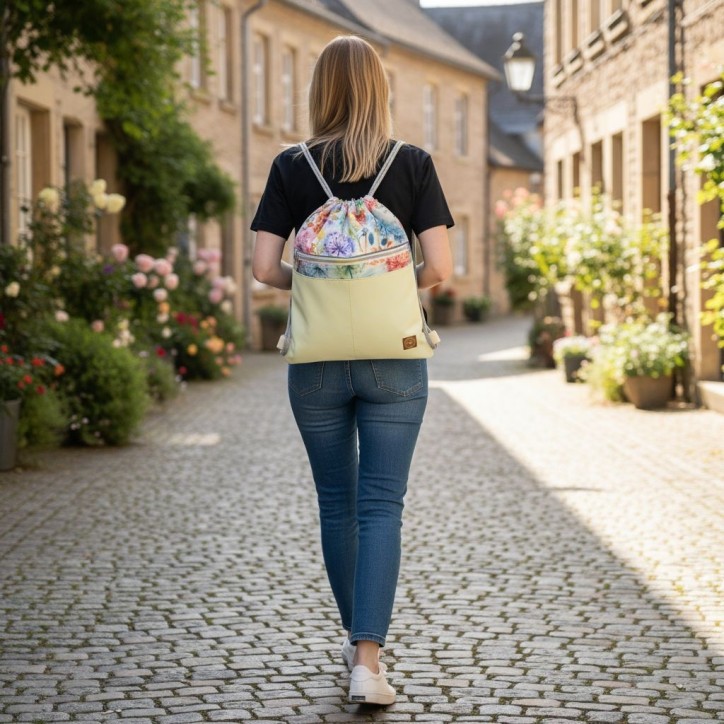 Worko-Plecak Jasnozielony z Motywem Dmuchawców – Handmade z Ukrytą Kieszenią na Zamek Worko-Plecak Jasnozielony z Motywem Dmuchawców – Handmade z Ukrytą Kieszenią na Zamek