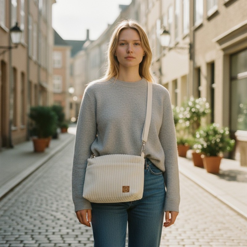 Kremowa Torebka ze Sztruksu - Na Spacer i do Pracy