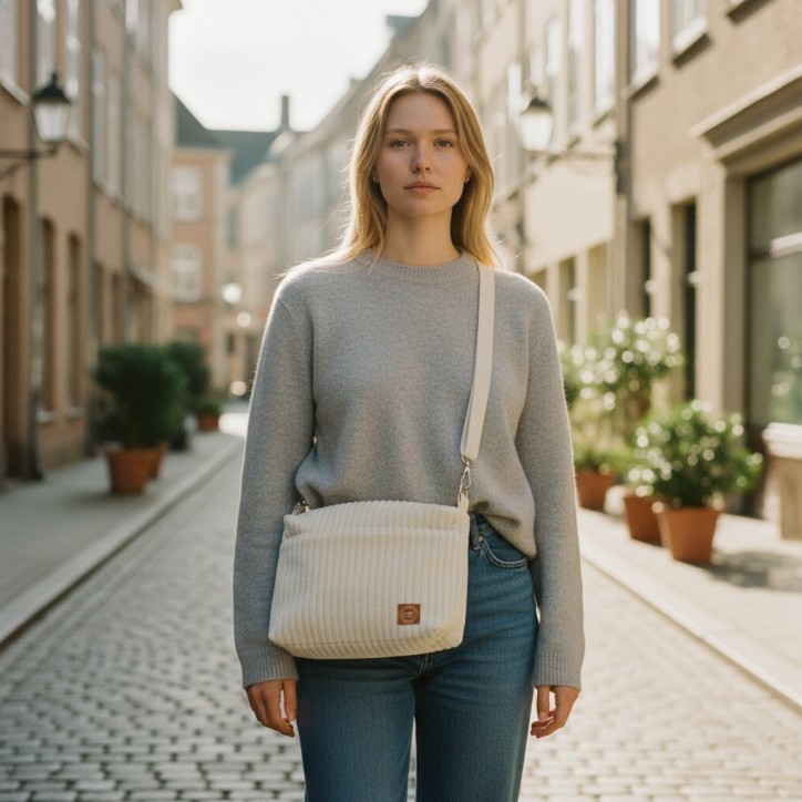 Kremowa Torebka ze Sztruksu - Na Spacer i do Pracy