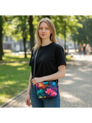 Torebka damska na ramię box prostokątny w Kwiaty - Czarna skóra eko