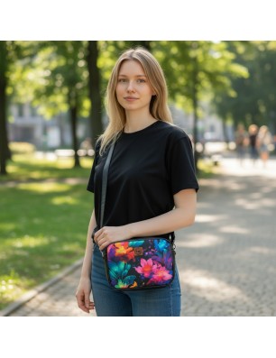 Torebka damska na ramię box prostokątny w Kwiaty - Czarna skóra eko